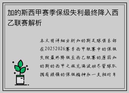 加的斯西甲赛季保级失利最终降入西乙联赛解析